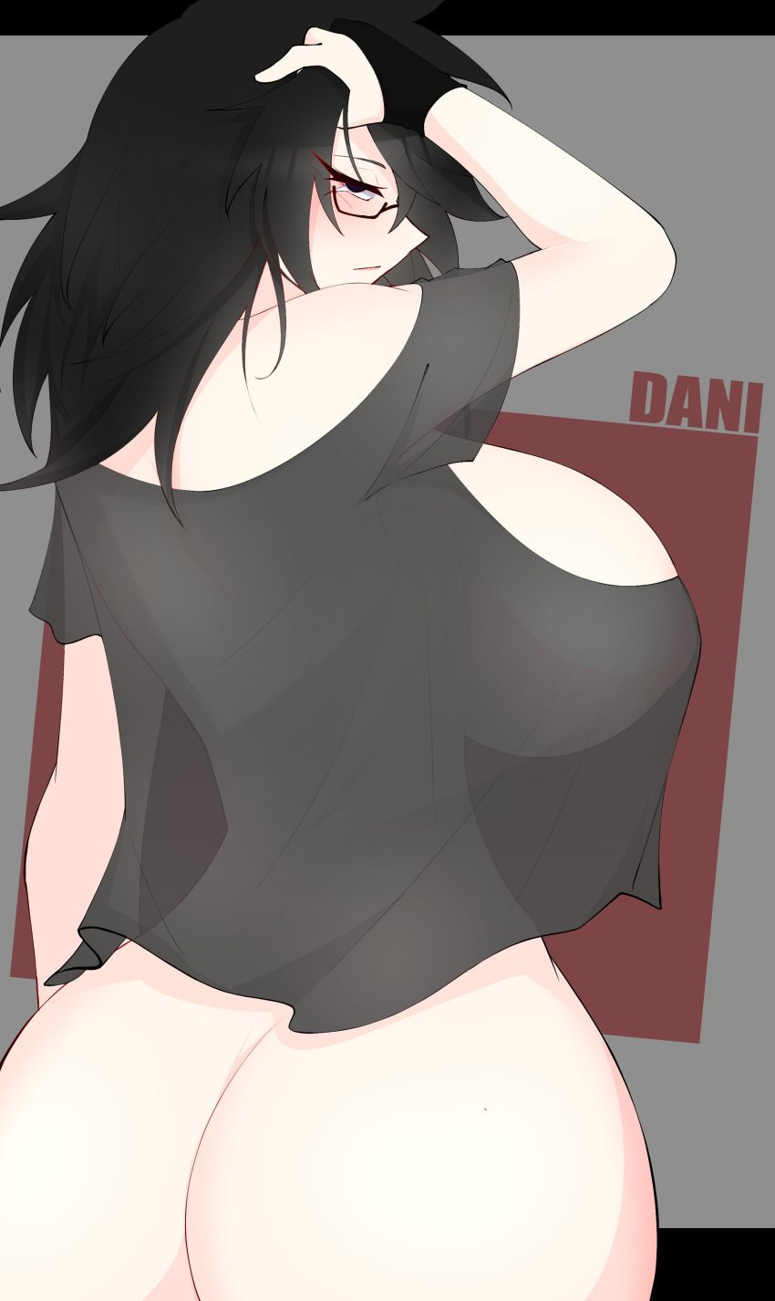 ass black_hair blush child_bearing_hips glasses gloves imnotshiira_(artist) large_ass large_breasts milf partially_clothed shiirano shirt transparent_clothing