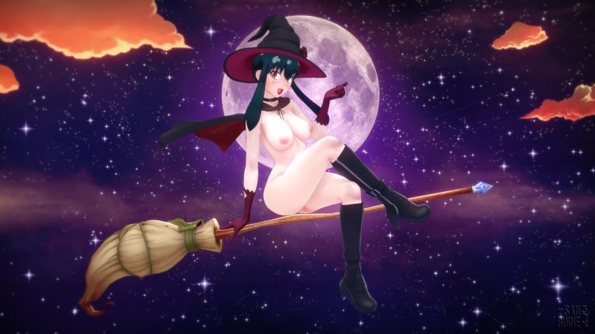 1girls 3d anime_style bangs big_breasts boots broom broom_riding choker crossed_legs gloves green_hair halloween heel_boots high_boots koikatsu leather_boots lipstick looking_at_viewer night night_sky nude nude_female pinup purple_sky red_eyes sanguine3dx smile smiling smiling_at_viewer spy_x_family thick_thighs thin_waist witch witch_hat yor_briar yor_forger