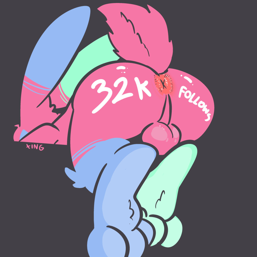 3_toes absurd_res anthro anus ass backsack balls blue_body blue_fur feet fur genitals green_body green_fur grey_background hi_res humanoid_genitalia lagomorph leporid male mammal perineum pink_anus pink_body pink_fur presenting presenting_anus presenting_balls presenting_hindquarters rabbit raised_tail simple_background solo the_xing1 toes xing_(the_xing1)