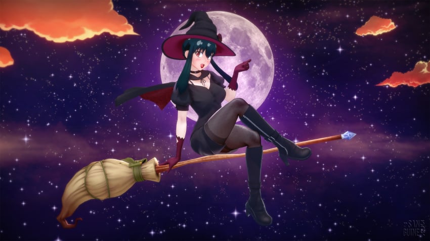 1girls 3d anime_style bangs big_breasts boots broom broom_riding choker crossed_legs dress gloves green_hair halloween heel_boots high_boots koikatsu leather_boots lipstick looking_at_viewer night night_sky pantyhose pinup puffy_sleeves purple_sky red_eyes sanguine3dx short_dress smile smiling smiling_at_viewer spy_x_family thick_thighs thin_waist witch witch_hat yor_briar yor_forger