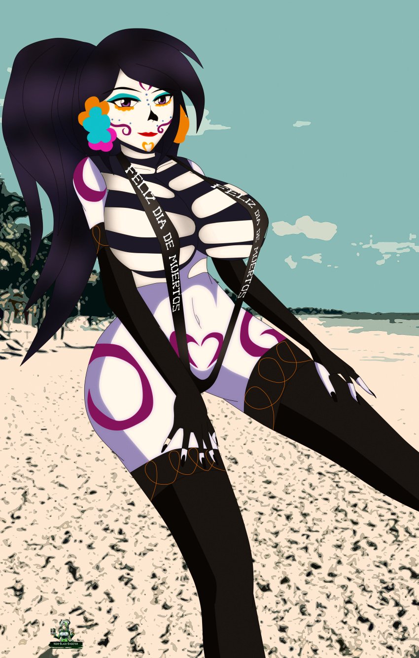 black_nails bodypaint catalina_la_catrina dark_blue_hair dia_de_los_muertos facepaint gloves long_hair mexican mexico noir-black-shooter one-piece_swimsuit purple_eyes