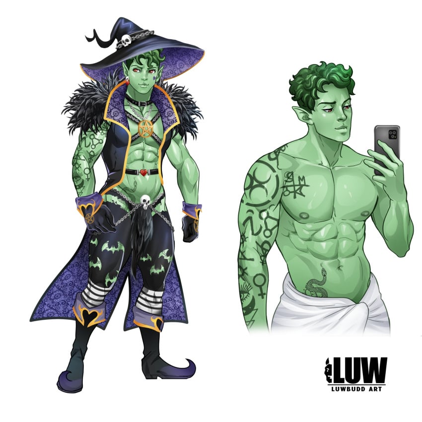 allister_(hexel13) green_skin halloween luw_budd/rocket_luw male male_only muscles muscular muscular_male open_coat pointy_ears selfie tattoos twitter_user_oc warlock