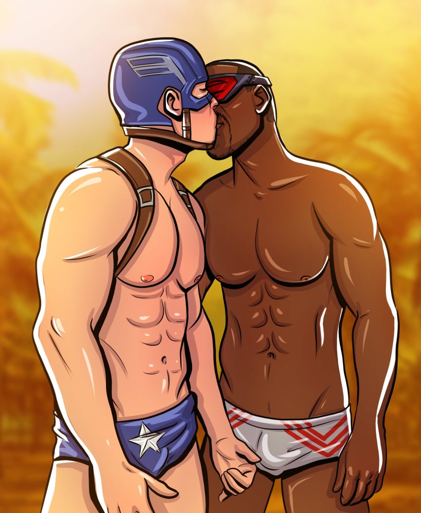 2boys anthony_mackie athletic athletic_male bulge captain_america captain_america_(series) chris_evans crotch_rub dark-skinned_male dark_skin gay human human_only interracial kissing light-skinned_male light_skin male male_only marvel marvel_cinematic_universe muscular muscular_male sam_wilson shirtless_male steve_rogers sugdraw the_falcon underwear yaoi