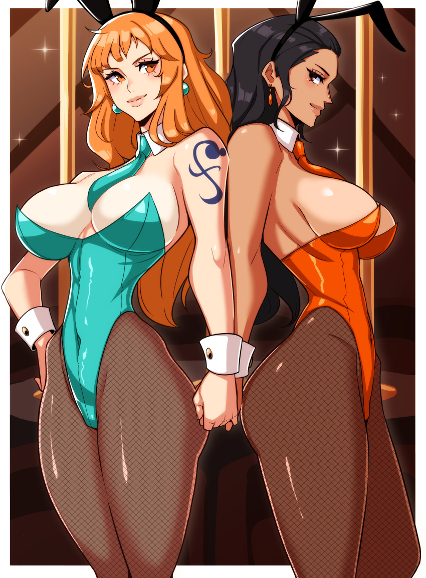 2girls alecto_0 alternate_eye_color black_hair breasts brown_eyes bunny_ears bunny_girl bunnysuit cleavage dark_skin female female_only hand_on_hip hi_res highleg_leotard hips large_breasts leotard long_hair nami nico_robin one_piece orange_eyes orange_hair post-timeskip shoulder_tattoo slim_waist tan_skin tattoo thick_thighs thighs tights wide_hips