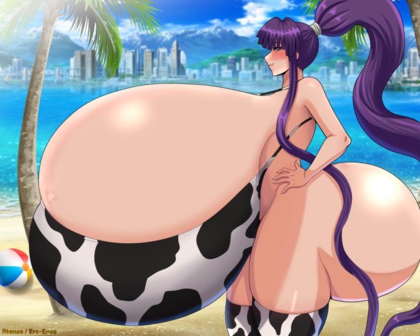 bikini_top blush bubble_butt cow_print eiken ero-enzo hyper_breasts kirika_misono purple_eyes purple_hair rtenzo