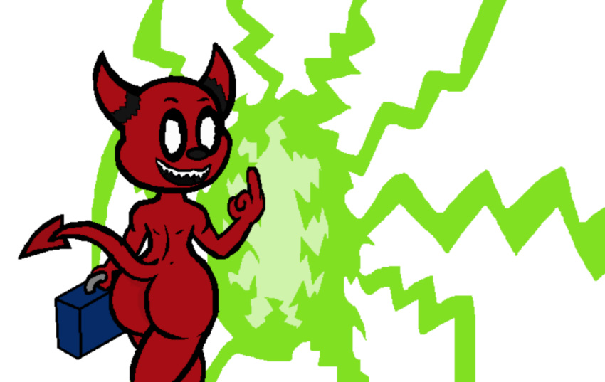 ass briefcase demon digital_drawing_(artwork) imp impy looking_at_viewer male nude okami23_(artist) portal red_body smiling