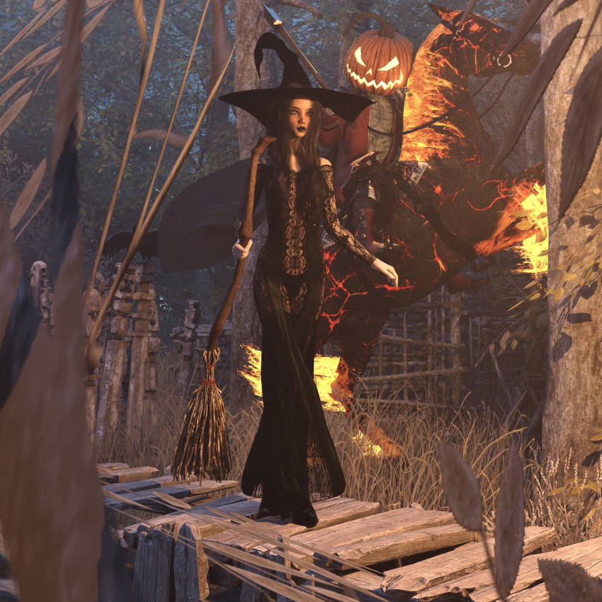 3d black_dress black_legwear broom brown_hair dress forced forest green_eyes headless_horseman imminent_rape jack-o'-lantern lingerie original_character size_difference stockings that3dartist tree witch witch_hat