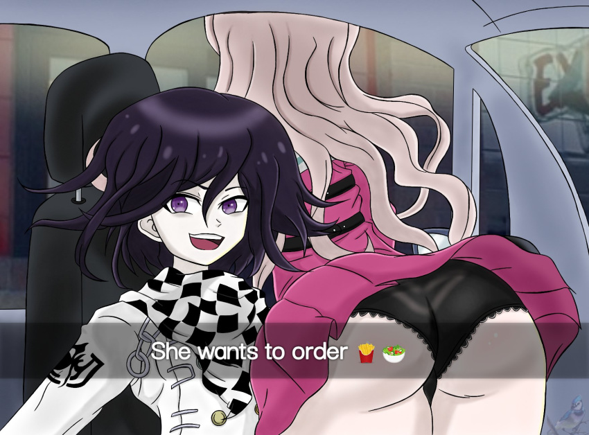 1boy 1girls ass ass_up black_hair blonde_hair danganronpa danganronpa_v3 english_text female he_wants_to_order iruma_miu kokichi_ouma light-skinned_female meme ouma_kokichi pale-skinned_male panties purple_eyes she_wants_to_order snapchat straight_hair tagme