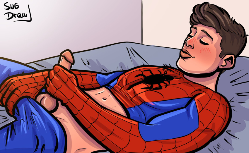 boner erect_penis erection hard_on in_bed jerking jerking_off jerkingoff male male_only marvel marvel_comics masturbating masturbation muscles muscular muscular_male on_bed peter_parker pleasure_face spider-man straight_hair sugdraw teen_boy