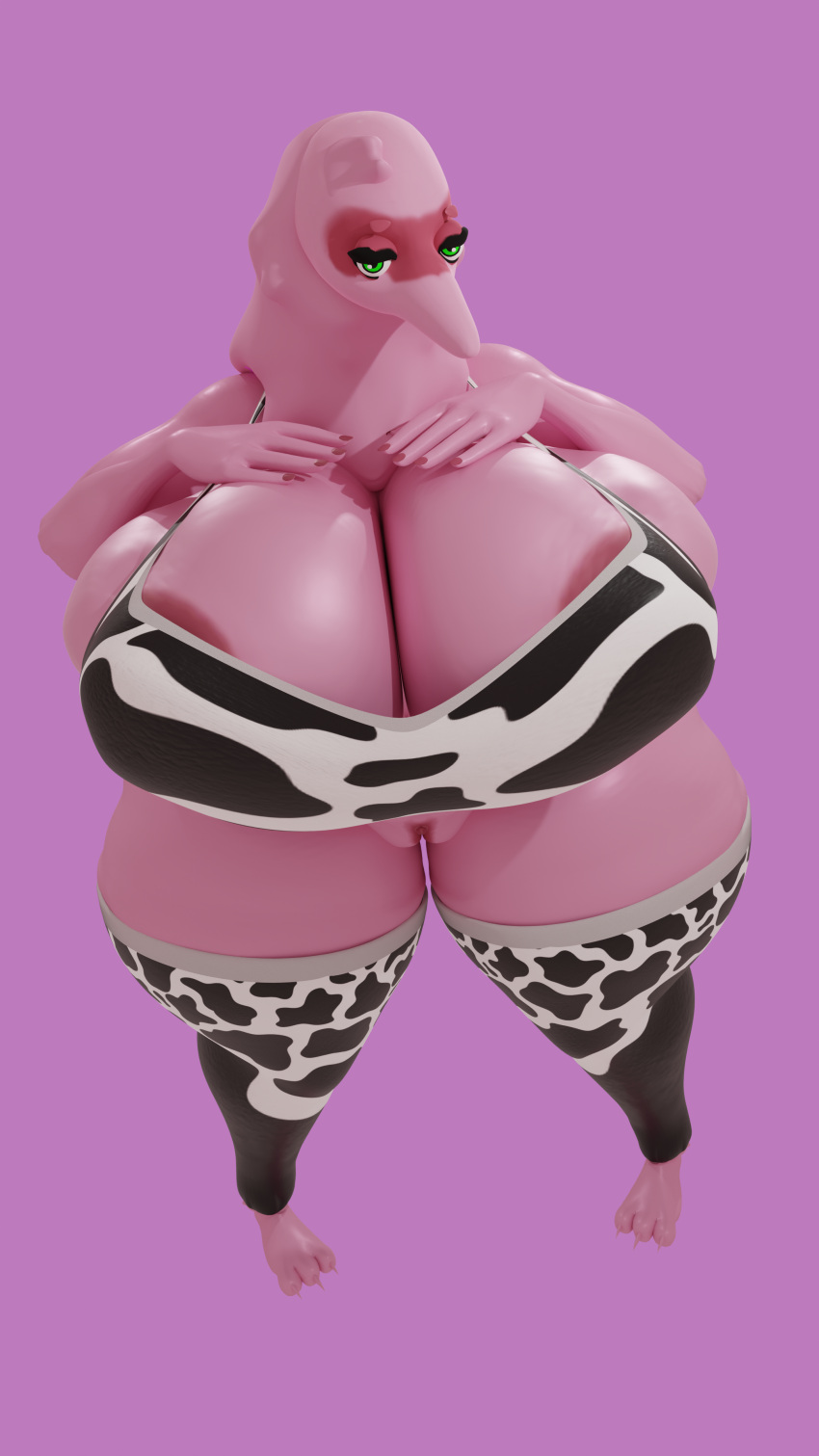 2022 3_toes 3d_(artwork) 4k absurd_res animal_print anthro areola areola_slip balls big_breasts big_penis blender_(software) bodily_fluids breast_squish breasts claws cleavage clothing cow_print curvy_figure digital_media_(artwork) dunkin_kk_(artist) feet female genital_fluids genitals green_eyes hair hi_res legwear mookini noodles_(dunkin_kk) original original_character penis pink_background pink_body pink_hair pink_penis portrait precum saggy_balls simple_background solo squirmle squish thick_thighs thigh_highs tight_clothing toe_claws toes voluptuous wide_hips