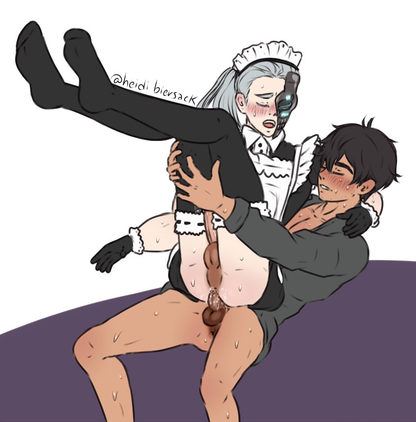 2boys anal anal_sex anus ass black_hair crossdressing dark-skinned_male femboy gay gay_sex gray_hair heidibiersack light-skinned_male livio_the_double_fang maid_headdress maid_uniform nicholas_d_wolfwood penis thighhighs trigun trigun_stampede yaoi