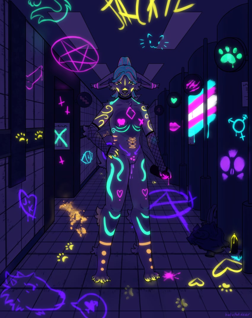 absurd_res anarchy_symbol anthro backpack blue_hair bodypaint breasts butt_print canid canine clothes_on_floor cross darkness digital_media_(artwork) female fishnet fishnet_armwear floor footprint fur genitals glowing glowing_paint graffiti hair hand_on_hip hatofuldeer heart hi_res inverted_cross lgbt_pride looking_at_viewer mammal nipples paint paint_splatter pawprint pentagram pink_body pink_fur pink_nipples pink_nose ponytail pride_colors punk pussy solo spray_can spray_paint subway tile tile_floor transgender_pride_colors