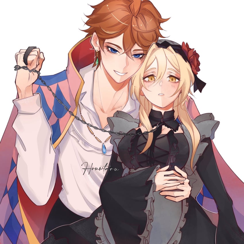 1boy 1boy1girl 1girls artist_name artist_signature black_dress blonde_hair blue_eyes childe_(genshin_impact) cosplay costume crossover female femsub genshin_impact ginger houwtaru howl's_moving_castle howl_(character) kuroe_shizuku_(cosplay) leash leash_and_collar lumine_(genshin_impact) male male/female maledom sono_bisque_doll_wa_koi_wo_suru straight studio_ghibli tartaglia_(genshin_impact)