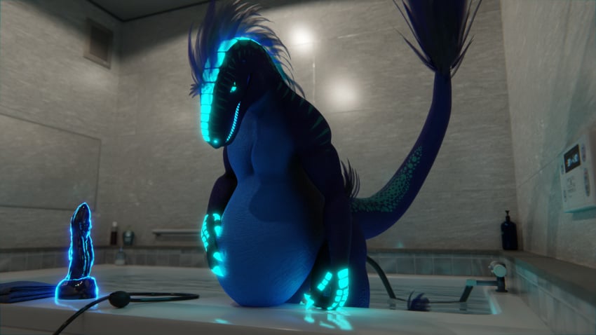 anthro bathroom bathtub belly belly_expansion belly_inflation blender_(software) blue_body blue_eyes blue_feathers blue_markings blue_skin claws digital_media_(artwork) dildo dinosaur dromaeosaurid expansion feathers female genitals glowing glowing_eyes glowing_genitalia glowing_markings glowing_penis glowing_tongue hi_res hose hose_in_butt hose_inflation inflation markings mirror niko_stargazer nikostargazer nude penis reptile scalie sex_toy solo teeth theropod tongue towel velociraptor