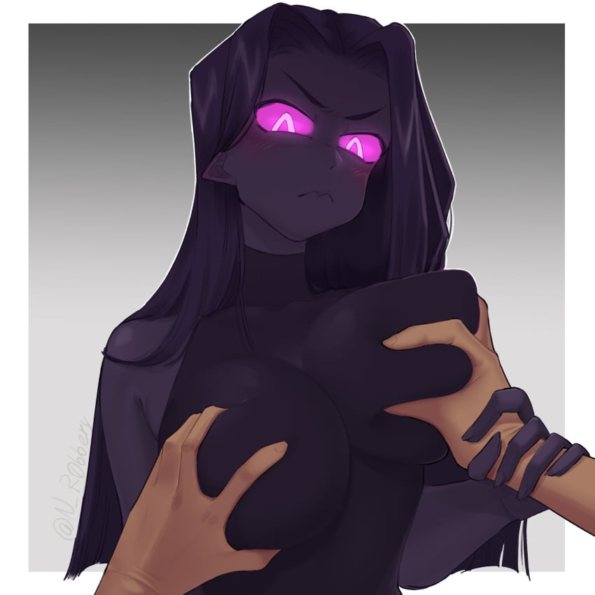 1girls bare_shoulders big_breasts breast_grab breasts clothed clothes clothing enderman enderwoman female female_only fondling fondling_breast humanoid large_breasts minecraft nightmare_waifu nightrobbery offscreen_character purple_eyes solo solo_female tagme