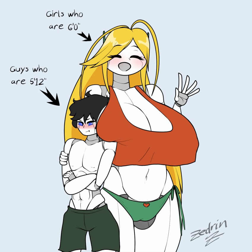 1boy 1girls big_breasts black_hair blonde_hair blue_eyes blush breast_squish cameltoe cave_story curly's_panties curly_brace female looking_embarrased midriff panties quote_(cave_story) red_topwear robot robot_boy robot_girl robot_humanoid robot_joints shorter_male side-tie_panties size_comparison size_difference smaller_male taller_girl thick_thighs topless_male tummy underwear waving white_skin wide_hips zedrin