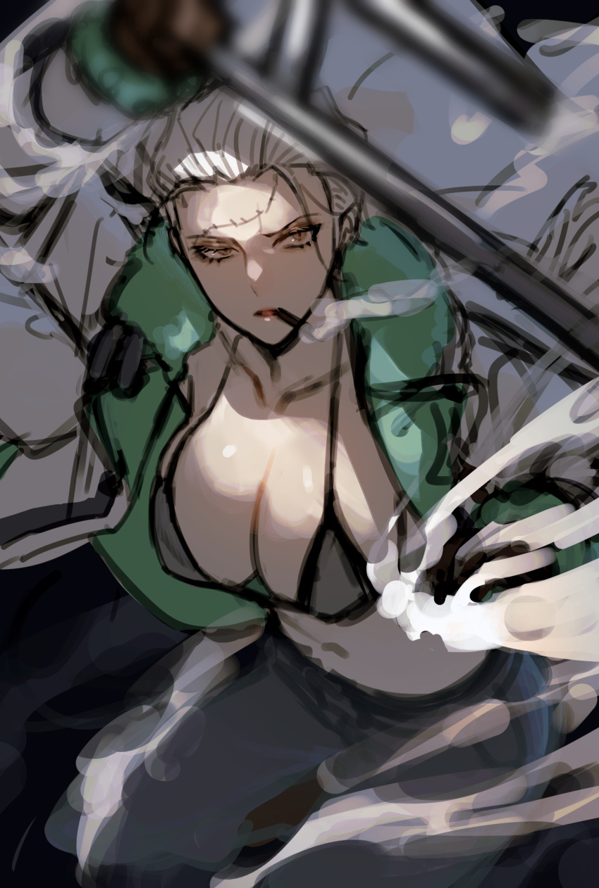 big_breasts bikini bikini_top cigar cleavage colored_sketch facial_scar female female_only looking_at_viewer one_piece open_jacket post-timeskip rule_63 scar shaved_side short_hair smoker_(one_piece) smoking solo tanaka_1001 very_short_hair white_hair