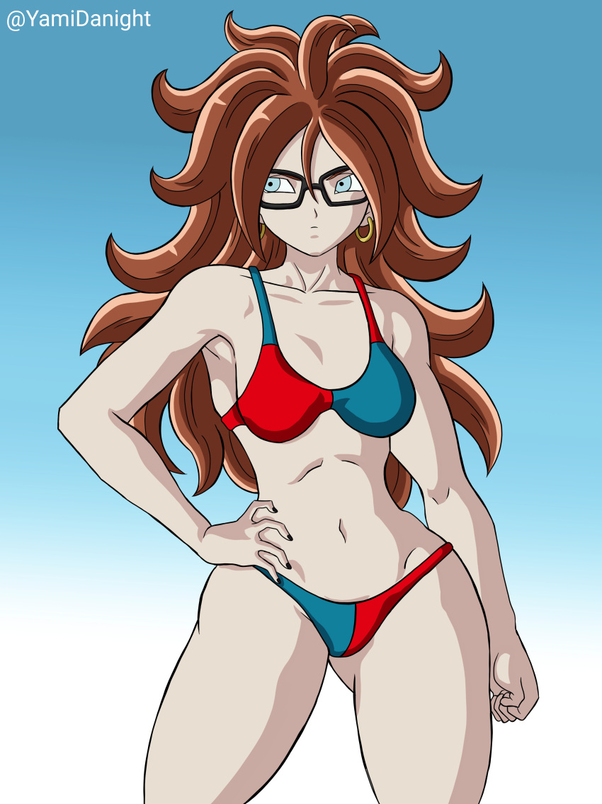 android_21 android_21_(human) android_girl armpits bikini bikini_top blue_eyes brown_hair commission curly_hair digital_art digital_drawing digital_drawing_(artwork) digital_media digital_media_(artwork) dragon_ball_fighterz dragon_ball_super earrings glasses hand_on_hip long_hair naked naked_female nipples nude nude_female pale-skinned_female pale_skin pendant_necklace pussy shaved_pussy swimsuit vomi_(dragon_ball) vulva vulva_line yamidanight