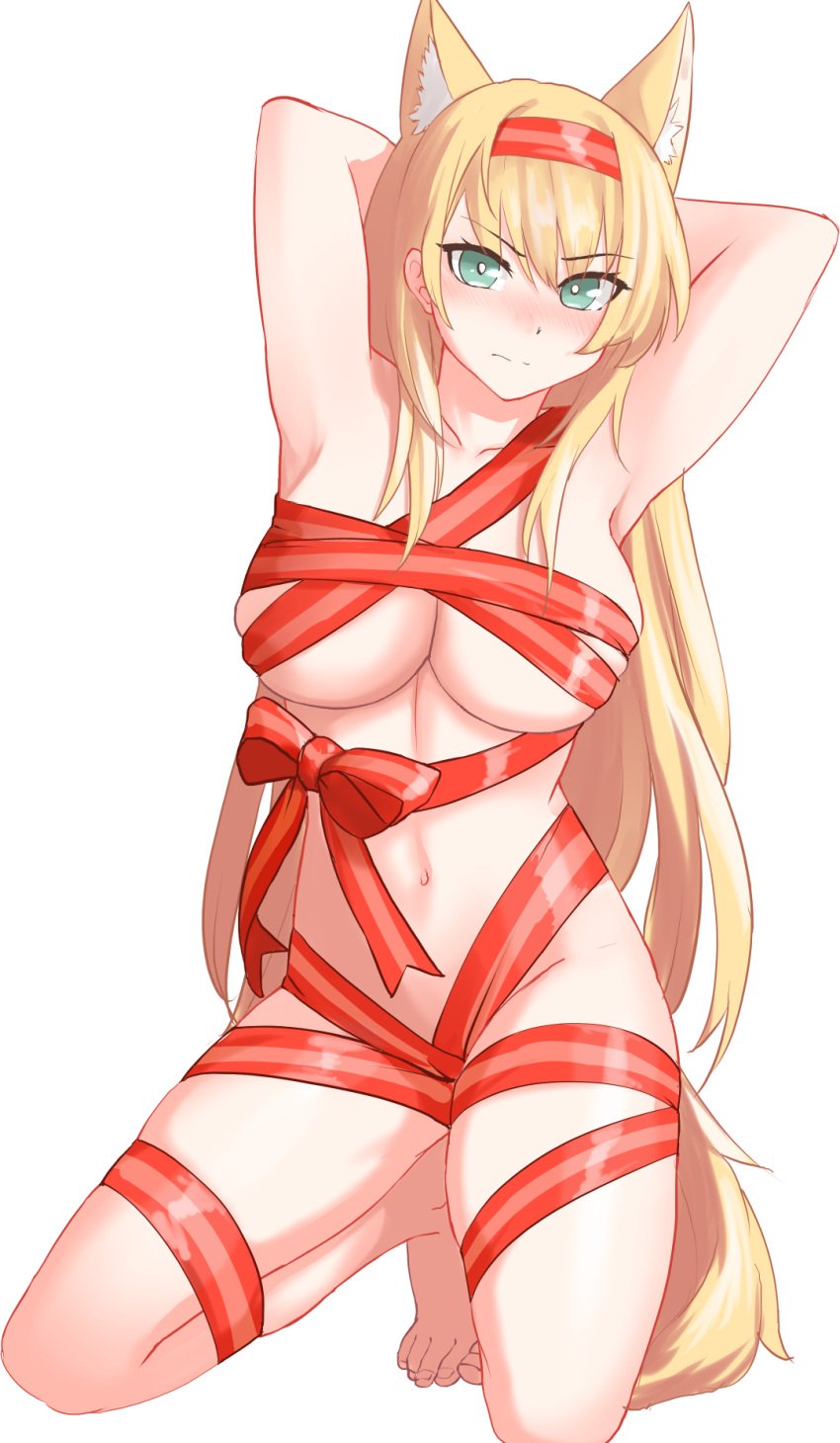 2023 animal_ears aqua_eyes arknights armpits arms_up barefoot blonde_hair breasts christmas female groin hairband hi_res horn_(arknights) kneeling large_breasts long_hair looking_at_viewer naked_ribbon navel neti_(cpu11151) red_hairband red_ribbon ribbon simple_background solo stomach tail thighs very_long_hair wolf_ears wolf_tail