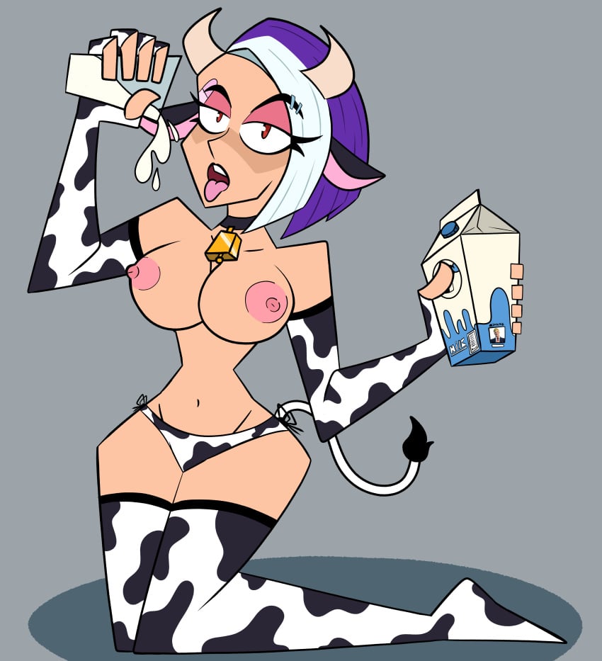 1female 1girls alternate_version_available areola areolae armwear bandage bell bell_collar big_breasts black_collar breasts breasts_out catalyst_(fortnite) collar cow_bell cow_bikini cow_costume cow_ear cow_ears cow_horn cow_horns cow_print cow_print_armwear cow_print_bikini cow_print_panties cow_print_stockings cow_print_thong cow_suit cow_tail ear_piercing female female_only female_solo fortnite fortnite:_battle_royale glass_of_milk holding_glass holding_milk legwear looking_at_viewer mega_milk milk milk_carton mostly_nude nipples open_mouth pink_areola pink_bandage purple_hair red_eyes simple_background simple_shading sitting socks solo solo_female solo_focus tagme tail tongue tongue_out white_hair