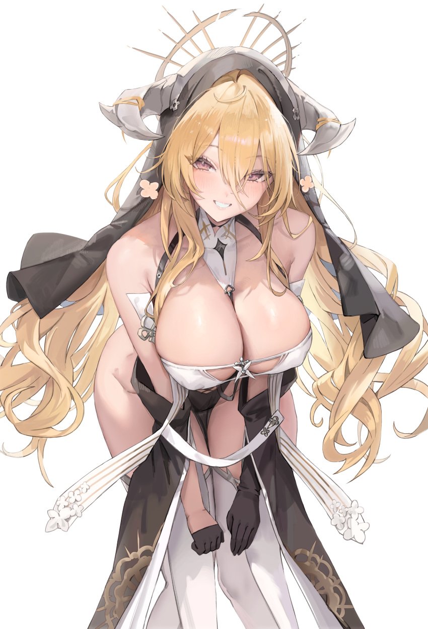 1girls azur_lane blonde_hair breasts cleavage female female_only freng hi_res hips huge_breasts implacable_(azur_lane) leaning_forward light-skinned_female light_skin long_hair nun nun's_habit royal_navy_(azur_lane) solo thick_thighs thighs wide_hips