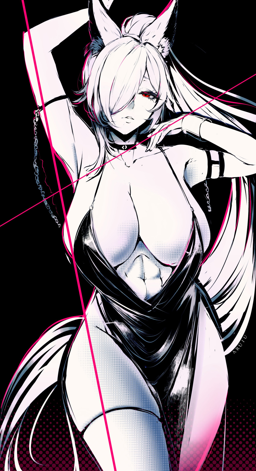 1girls 2020s 2023 2d 2d_(artwork) abs animal_ears aruiu big_breasts big_thighs black_and_white breasts busty cleavage covered_nipples discordia_(vtuber) discordia_ch dress female female_only fox_ears fox_girl hair_over_one_eye hi_res highres hips hourglass_figure indie_virtual_youtuber large_breasts large_thighs loincloth long_hair looking_at_viewer monochrome ponytail red_eye skimpy skimpy_clothes solo thick_thighs thighhighs thighs toned toned_female toned_stomach virtual_youtuber voluptuous vtuber wide_hips