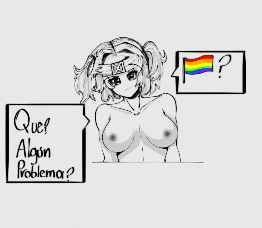 1girls areolae asking asking_viewer breasts doki_doki_literature_club female female_only looking_at_viewer medium_breasts natsuki_(doki_doki_literature_club) nipples peluzo short_hair solo solo_female spanish_text text upper_body