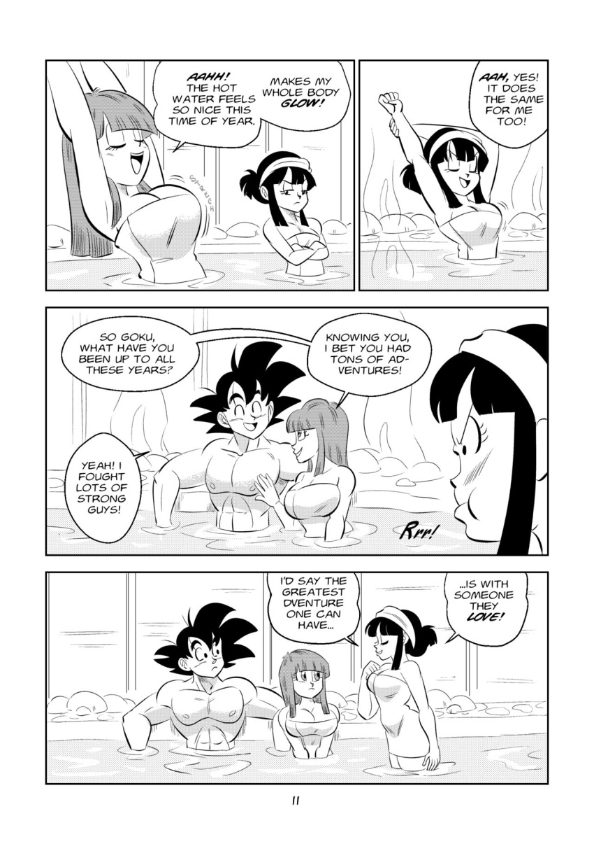 1boy 2girls abs big_breasts black_and_white breasts chichi comic dragon_ball dragon_ball_super dragon_ball_z funsexydragonball hot_spring monochrome muscular_male page_11 pout son_goku stretching suno_(dragonball) towel