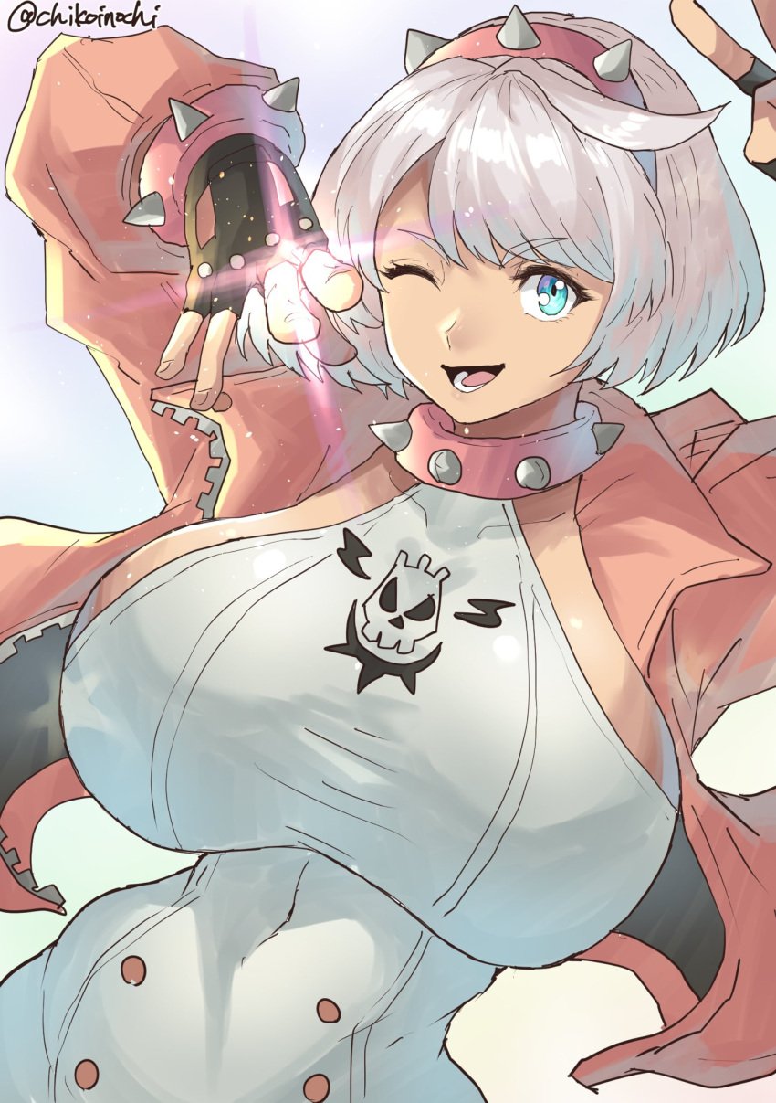 1girls alternate_breast_size big_breasts chikoinochi elphelt_valentine guilty_gear guilty_gear_strive hourglass_figure huge_breasts leotard light-skinned_female looking_at_viewer slim_waist solo wide_hips wink