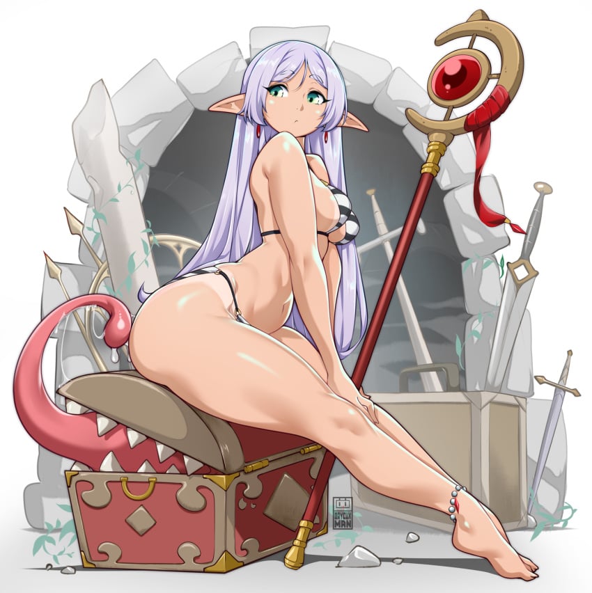 1girls anklet barefoot bayeuxman bikini breasts elf feet frieren green_eyes legs licking_ass long_hair long_tongue mimic mimic_chest pointy_ears sousou_no_frieren staff sword tanline tongue treasure_chest white_hair wide_hips