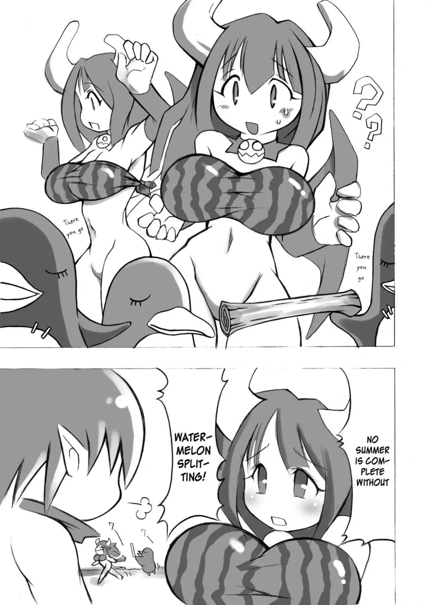 beach bottomless bottomless_female breasts convenient_censoring disgaea disgaea_1 doujinshi english_text laharl large_breasts nippon_ichi_software noise_(artist) prinny succubus succubus_(disgaea) succubus_horns succubus_wings