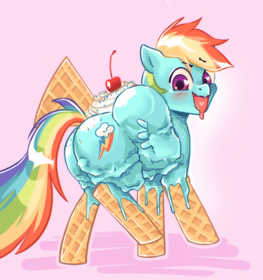 altered_body cherry_ontop cute dessert_transformation dripping food_transformation icecream my_little_pony pegasus pony rainbow_dash_(mlp) sprinkles sundae transformation wafflesbun what zoophilia