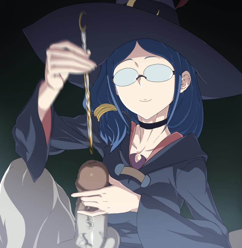 1boy 1girls alternate_version_available artist_request blue_hair censored clothed crazy female glasses insertion little_witch_academia long_hair male_urethral_insertion milf pain painful painful_insertion penis penis_insertion red_eyes simple_background stick thighs torture urethral_insertion ursula_callistis weird witch witch_hat