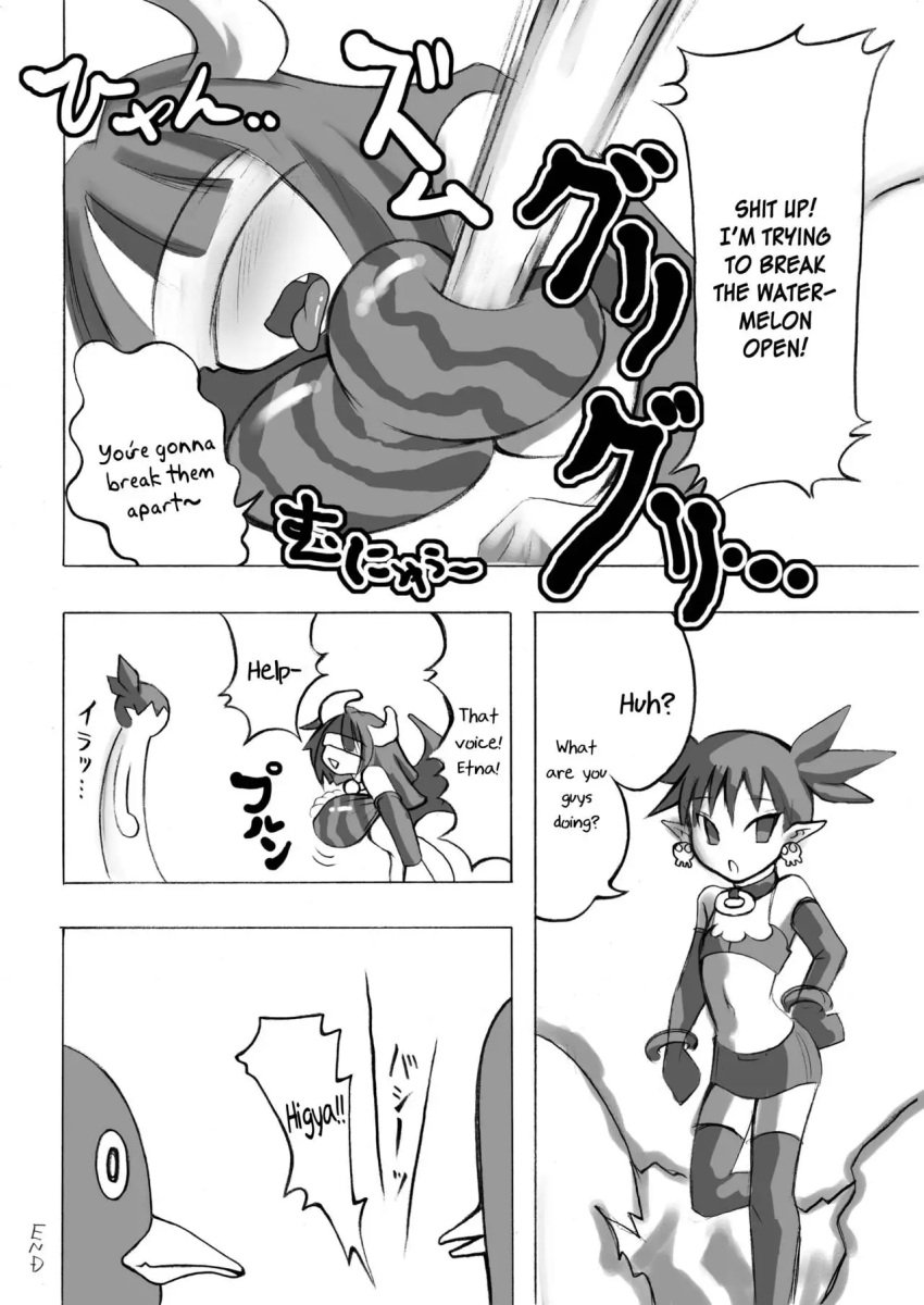 breasts disgaea disgaea_1 doujinshi etna hitting_breasts laharl large_breasts nippon_ichi_software noise_(artist) prinny ryona succubus succubus_(disgaea)