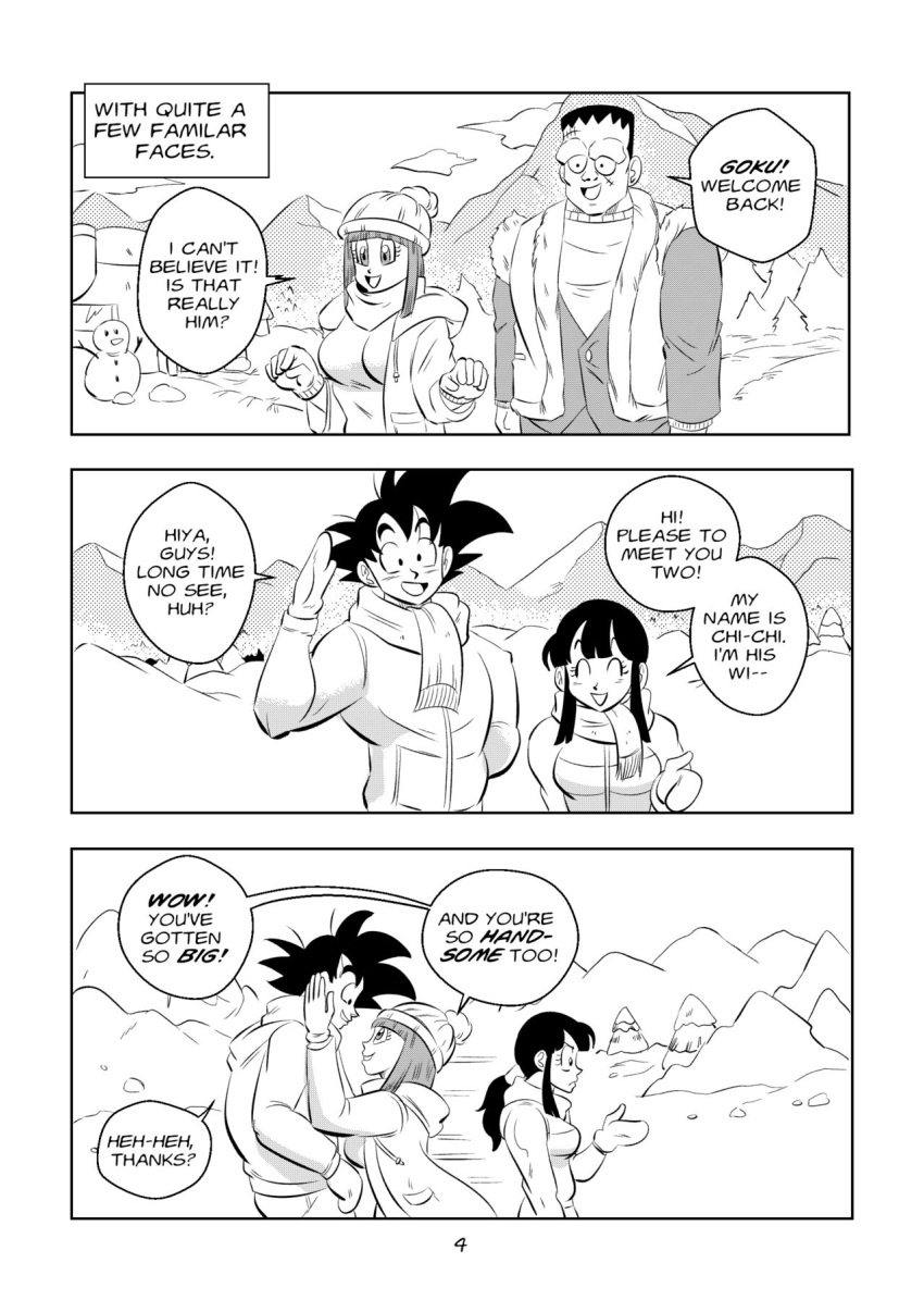 2boys 2girls android_8 big_breasts black_and_white breasts chichi comic dragon_ball dragon_ball_super dragon_ball_z funsexydragonball hat mittens monochrome page_4 scarf son_goku suno_(dragonball)