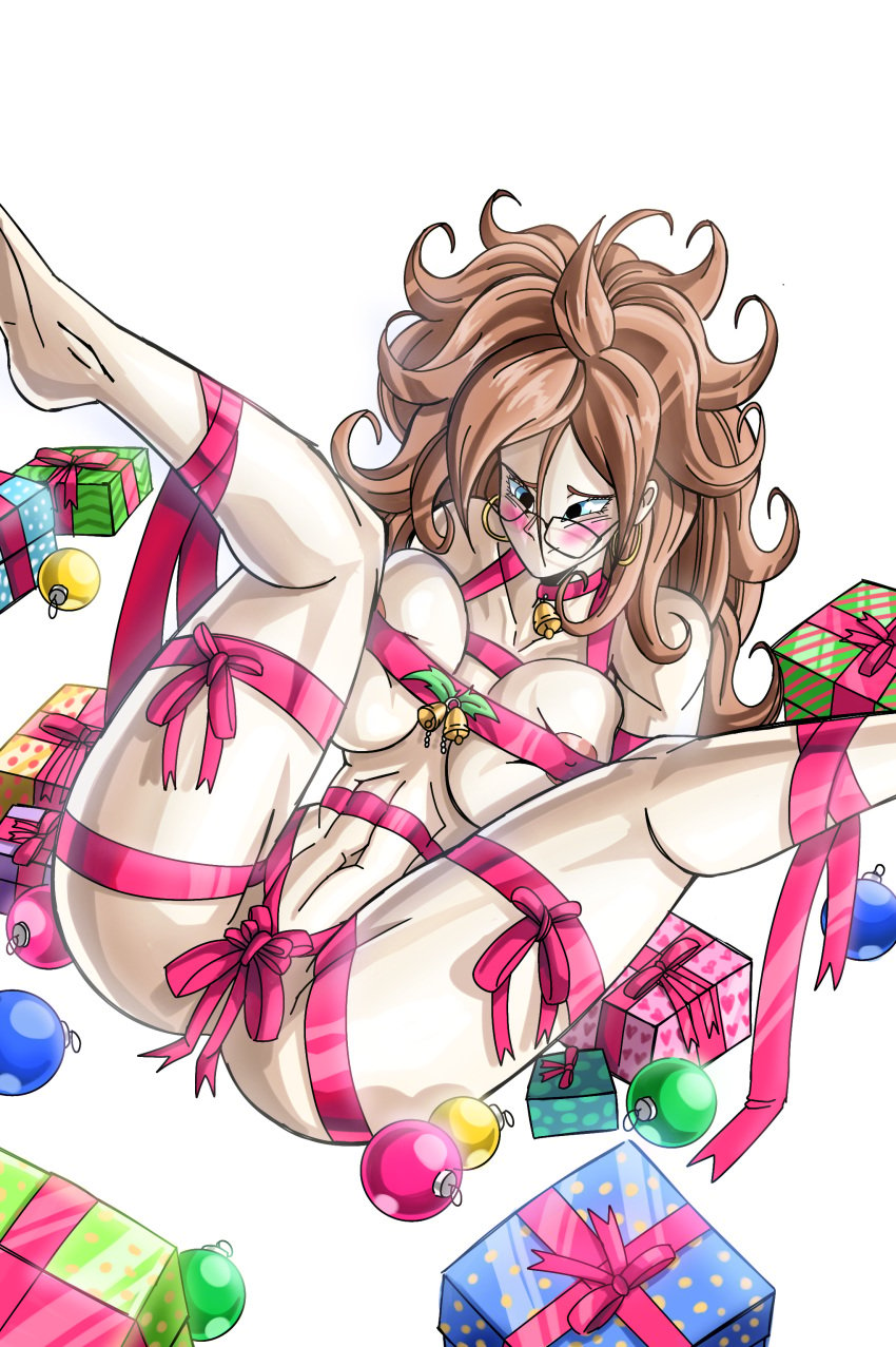 android_21 bondage christmas dragon_ball dragon_ball_z naked_female pressing_breasts rebut_art vomi_(dragon_ball)