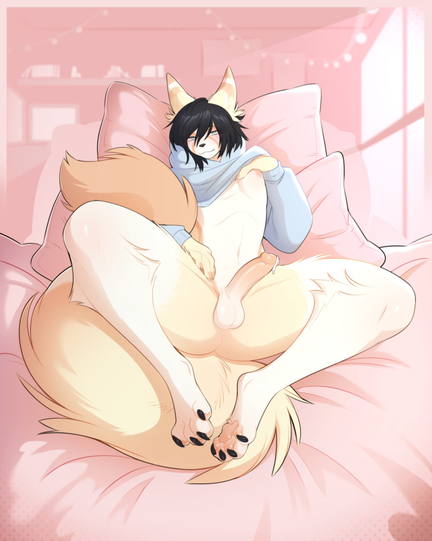 anthro balls bed big_tail black_hair bodily_fluids bottomless cali_(nastycalamari) canid canine claws clothed clothing femboy fluffy fluffy_tail fox furniture genital_fluids genitals girly hair hi_res hoodie hoodie_only humanoid_genitalia humanoid_penis looking_at_viewer male male_only mammal myoukky on_bed penis pillow precum reclining solo tail toe_claws topwear topwear_only