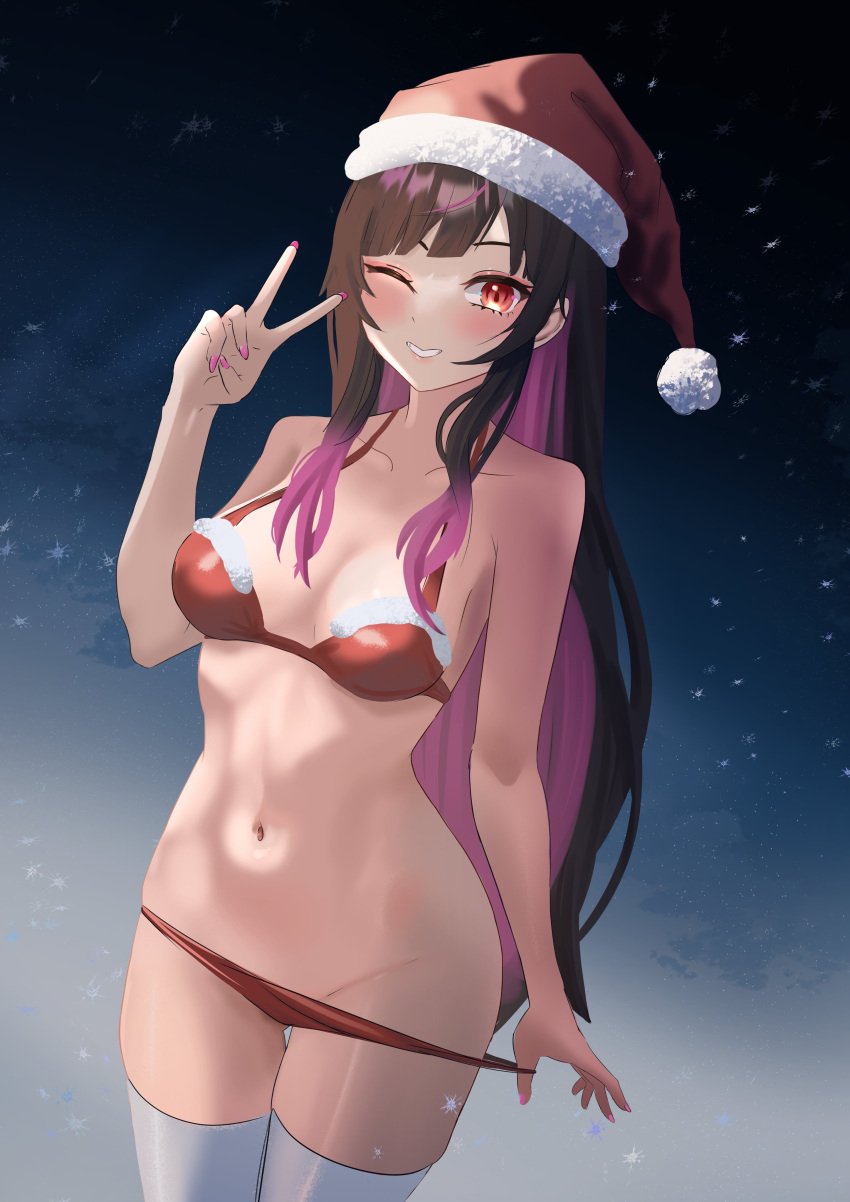 1girls bikini black_hair blush christmas christmas_clothing christmas_headwear christmas_outfit estebaneishon1 female female_only hana_yomeguri highres indie_virtual_youtuber light-skinned_female light_skin long_hair looking_at_viewer merry_christmas one_eye_closed pink_nails smiling_at_viewer snow standing two_tone_hair virtual_youtuber