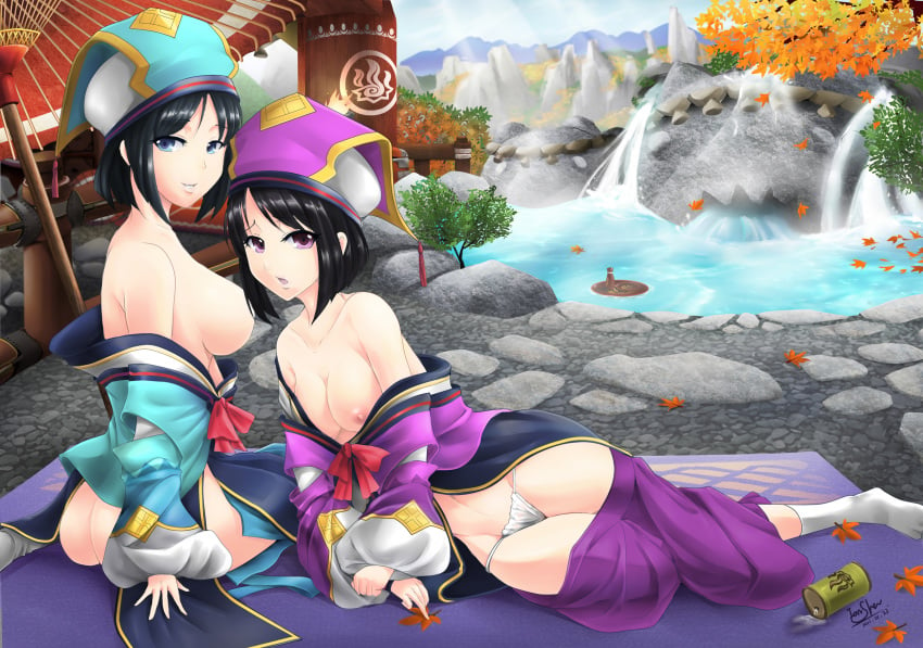 2girls black_hair blue_eyes blush breasts capcom female female_only hat highres ian_shen konaha monster_hunter monster_hunter_portable_3rd multiple_girls purple_eyes receptionist sasayu smile