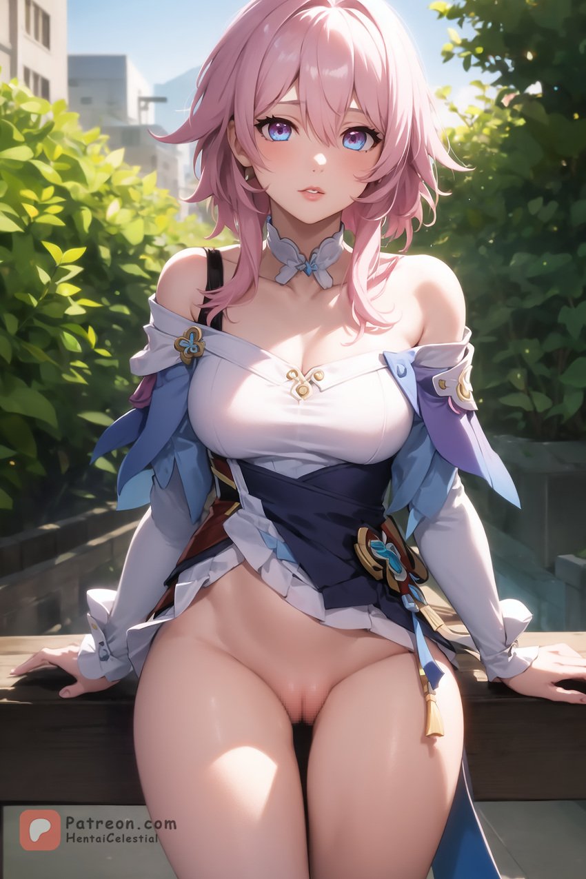 ai_generated ass big_ass big_breasts big_thighs blue_eyes bottomless breasts breasts_out hentaicelestial hi_res high_resolution highres honkai:_star_rail huge_butt large_ass large_breasts large_thighs march_7th_(honkai:_star_rail) no_panties no_underwear outside pink_hair public public_exposure public_nudity seducing seduction seductive seductive_look stable_diffusion tease teasing thighs