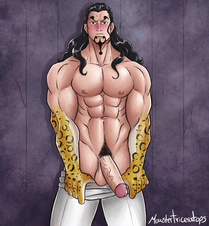 1boy beard dark-skinned_male erection leopard leopard_spots male male_focus male_only muscles muscular muscular_male neko_neko_no_mi_(leopard) one_piece penis rob_lucci solo triceramonster