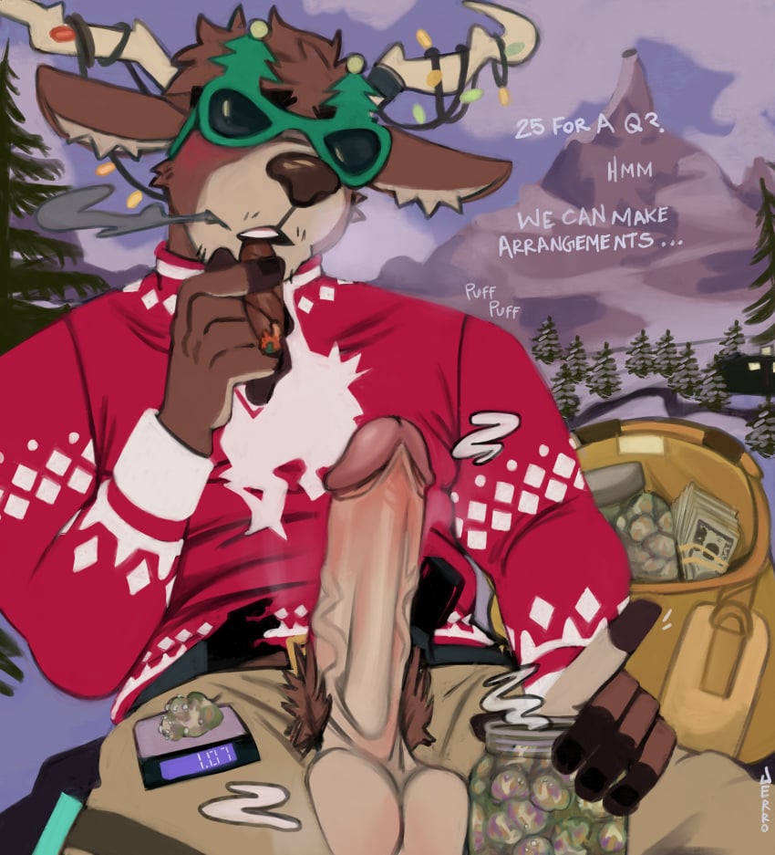 1boy 2023 anthro balls barazoku christmas christmas_clothing clothing deer dialogue dolph_(fortnite) english_text epic_games erection fortnite fur furry gay hard_on holidays huge_balls huge_cock humanoid_genitalia humanoid_penis male male_focus male_nipples male_only mammal manly muscular_anthro nipples penis reindeer solo solo_male text