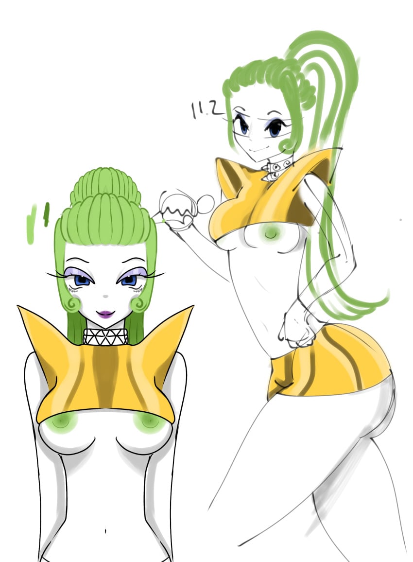 breasts clothed fat_ass female female_only gold_clothing green_hair looking_at_viewer nipples presenting_breasts seductive_look trolls_(film) trolls_band_together velvet_(trolls)