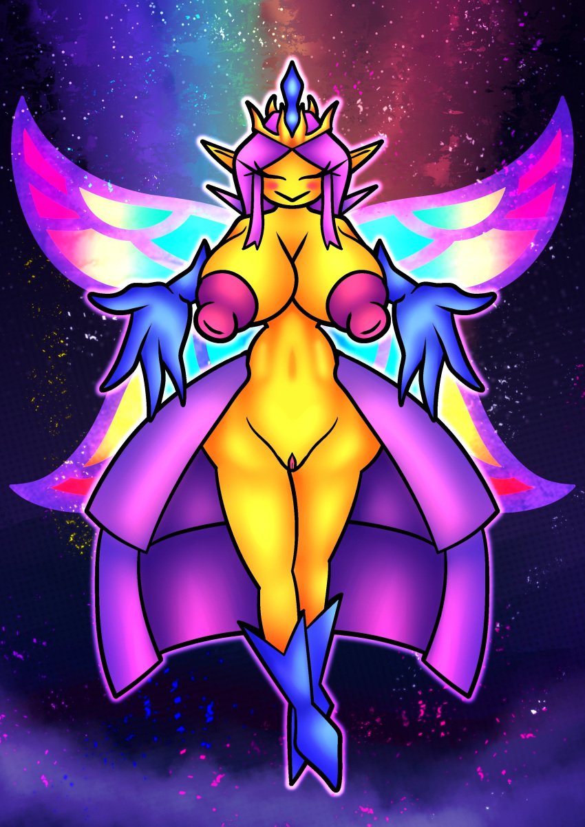 2023 big_breasts big_nipples breasts breasts_out closed_eyes empress_of_light fairy female gloves gotielimcita nipples open_arms pink_hair pussy rainbow smile solo terraria thick_thighs thin_waist wide_hips wings yellow_body yellow_skin