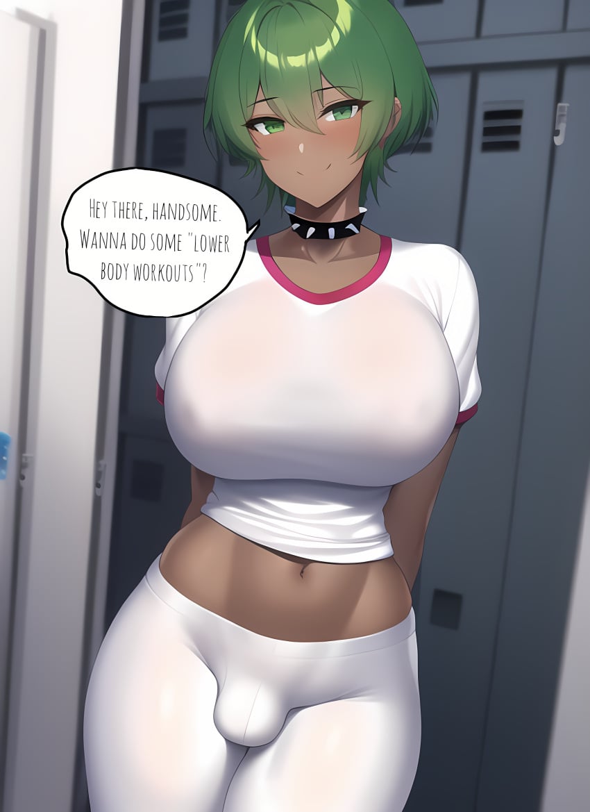 1futa ai_generated athletic athletic_futanari bulge bulge_through_clothing dark_skin futanari futasub green_eyes green_hair large_breasts male_on_futa morgan_(xdk141) muscular novelai pov spiked_collar white_clothing xdk141 yoga_pants