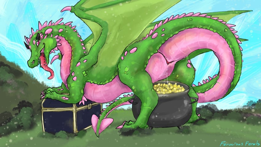 animal_genitalia bodily_fluids cauldron claws cloaca cloaca_juice coin dorsal_ridge dragon drooling drooling_tongue fangs female feral ferocious_ferals general_mills genital_fluids genitals gold_(metal) gold_coin grass green_body green_legs green_scales green_wings hi_res horn juice_string looking_at_viewer lucky_charms multicolored_body nature nature_background pink_body pink_claws pink_eyes pink_scales plant presenting presenting_cloaca raised_tail red_tongue saliva saliva_on_tongue scales scalie shrub side_view signature sky solo spade_tail spines tail teeth tongue tongue_out treasure_chest two_tone_body western_dragon wings