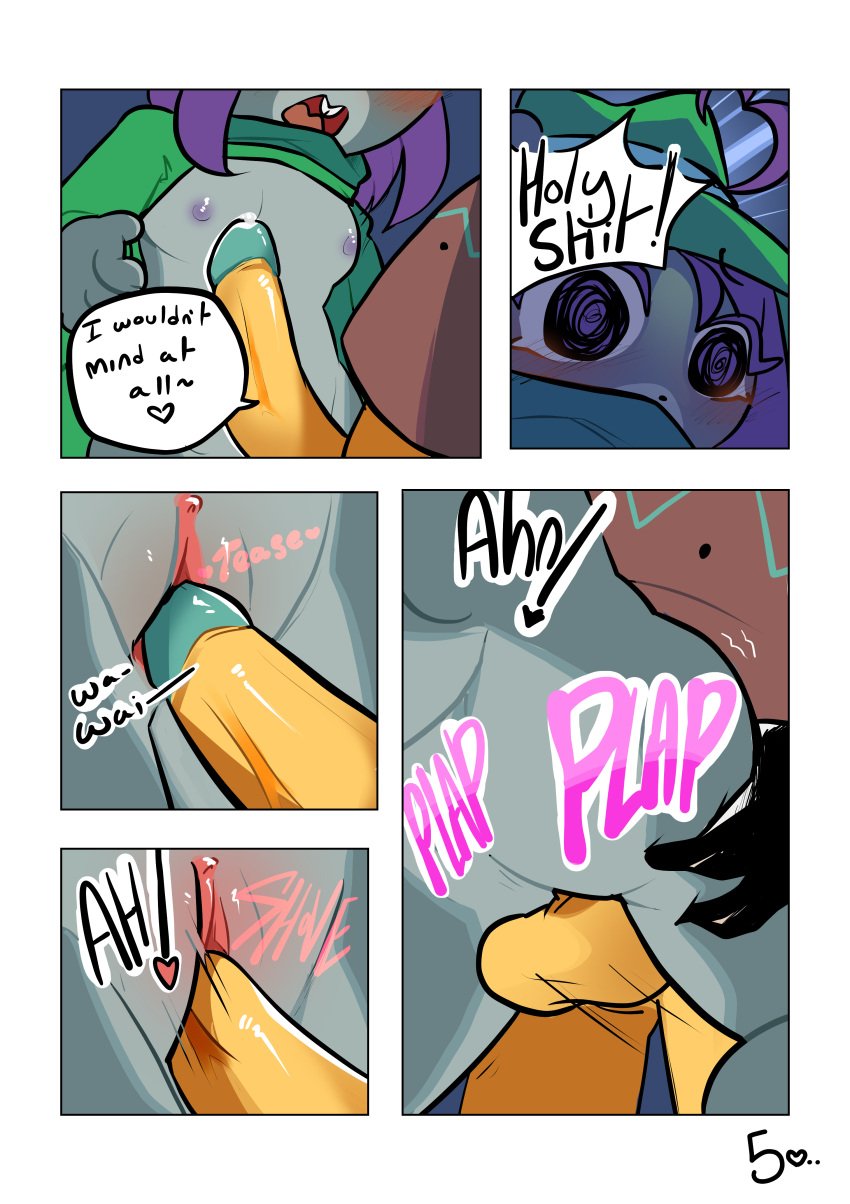 ass boobs colored comic comic_page dick furry line_art mooch_(undertale_yellow) noriap onomatopoeia page_5 penetration penis penis_in_pussy penis_out precum purple_eyes purple_hair pussy pussy_juice sex squirrel starlo_(undertale_yellow) text text_bubble undertale undertale_yellow