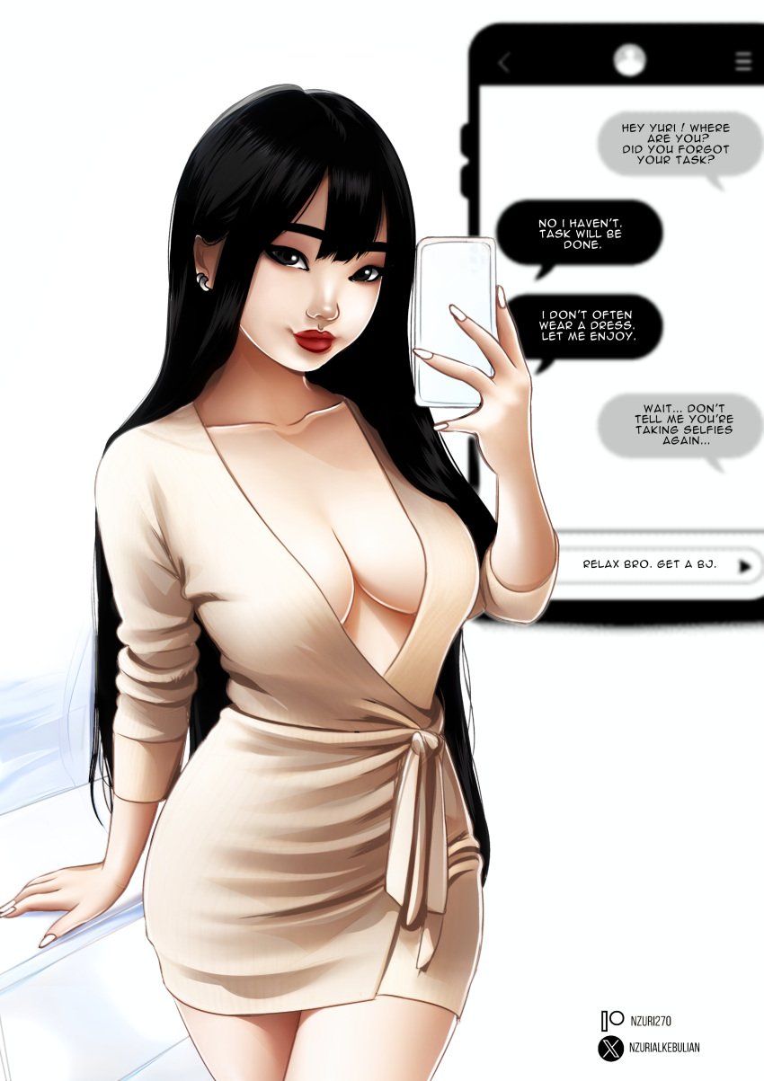 asian asian_female big_breasts black_eyes black_hair blowjob cleavage curvy dress fellatio homoludens japanese_female long_fingernails long_hair nail_polish nzuri phone red_lipstick seductive soft_breasts soft_shading suggestive suggestive_dialogue sweater_dress text texting white_skin