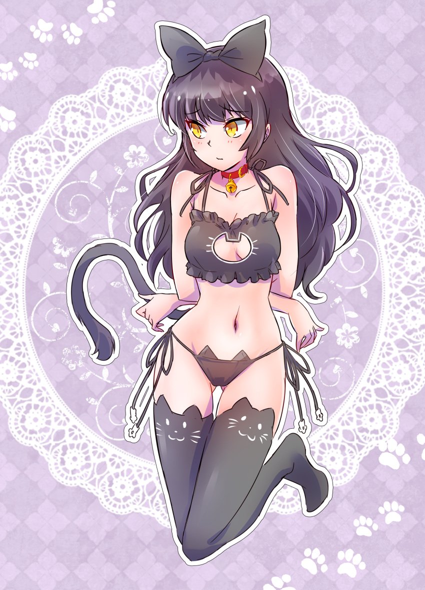 1girls bell_collar black_bra black_hair black_lingerie black_panties blake_belladonna bra breasts cat_keyhole_bra cat_keyhole_lingerie cat_lingerie cat_tail cleavage_cutout collar hairbow iesupa lingerie long_hair medium_breasts midriff navel panties rwby side-tie_panties thighhighs yellow_eyes