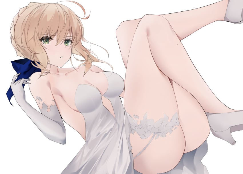 1girls artoria_pendragon blonde_hair braid braided_hair elbow_gloves fate/grand_order fate_(series) female garter_belt garter_straps gloves green_eyes high_heels ribbon solo spice_(spicezzumi) wedding_dress white_dress white_high_heels